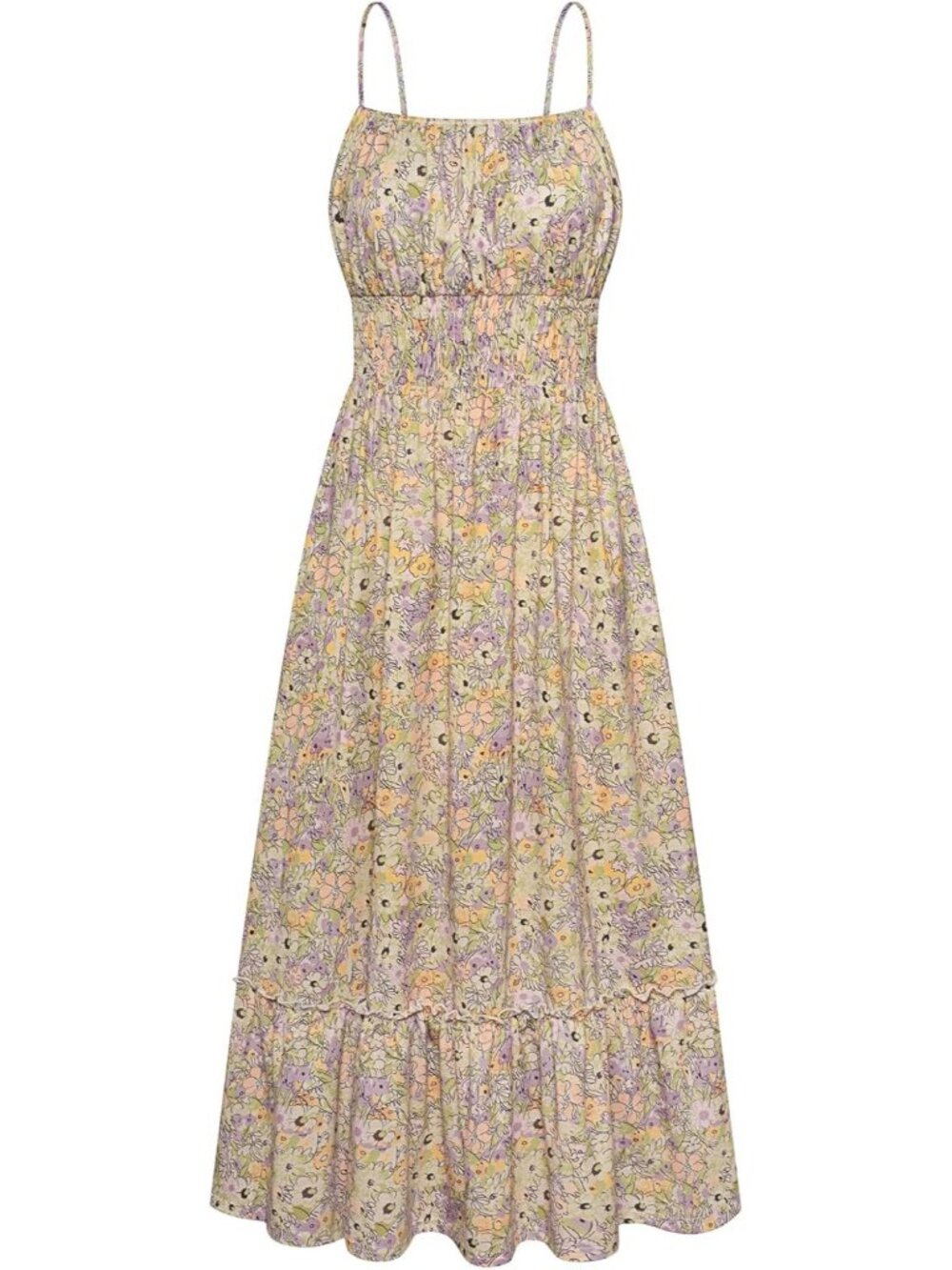 Women's Smocked Floral Maxi Dress Purple Green Sundress with Pocket Summer Dress